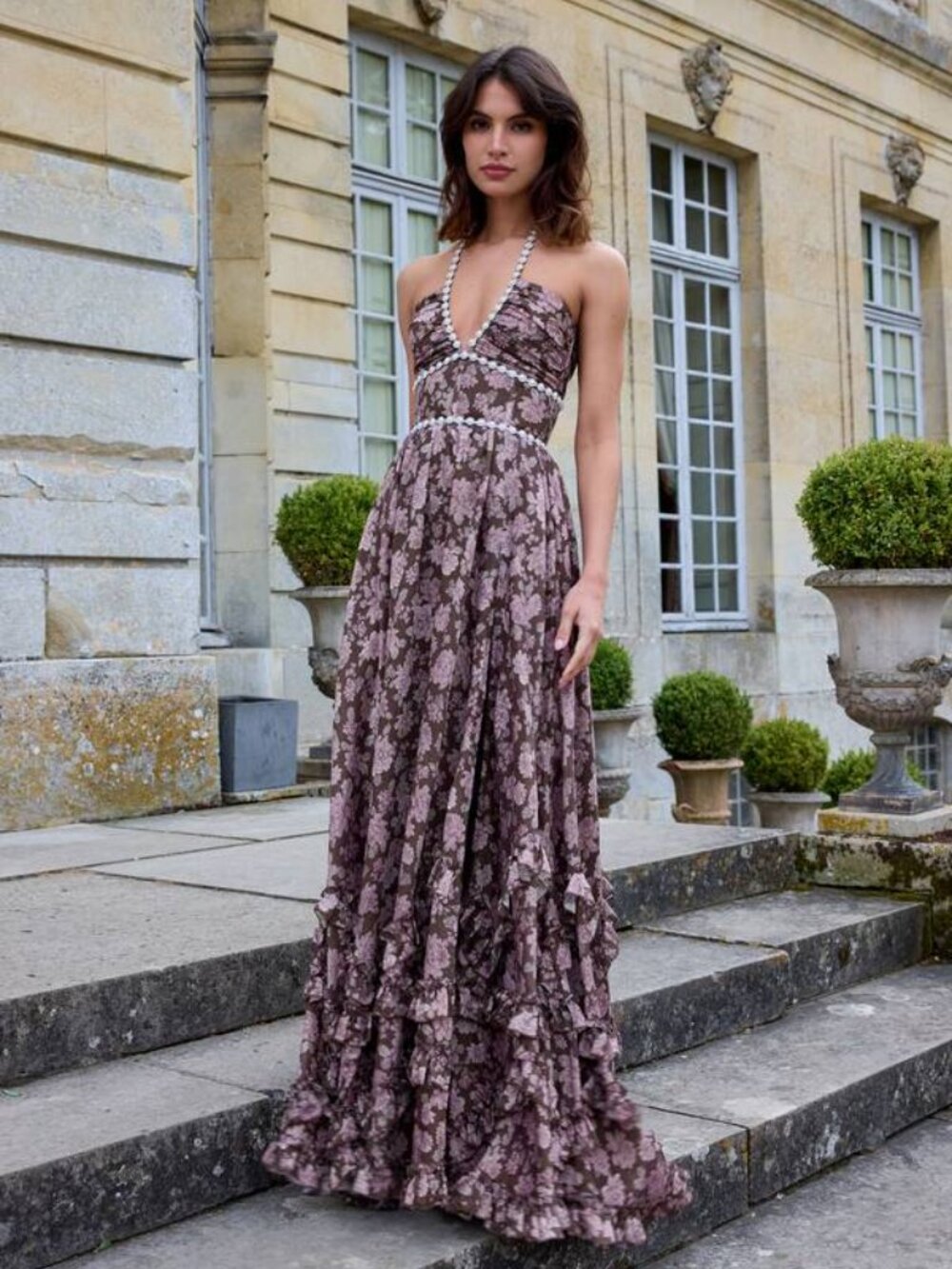 NEW V. CHAMPMAN Floral Corset Maxi Dress Brown Pink 10